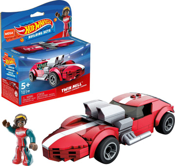 Mega Hot Wheels Twin Mill racecar building set with 101 pieces with micro figure driver figure, toy gift set for ages 5 and up