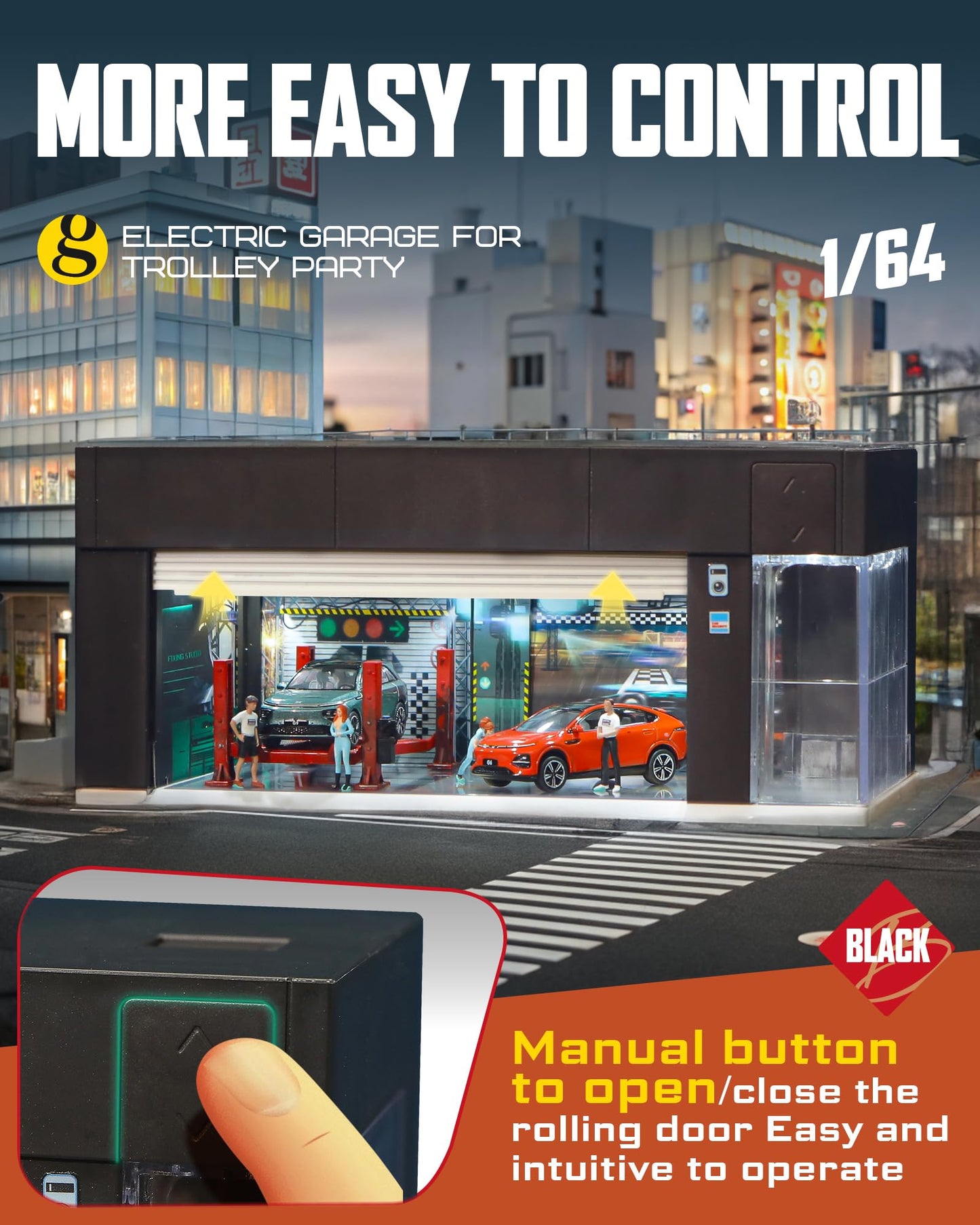 MOCBURIKU 1/64 Scale Diecast Display Case for Hot Wheel Storage with LED Lights, Stackable Electric Garage with Voice Control, 3 Replaceable 3D Scenes