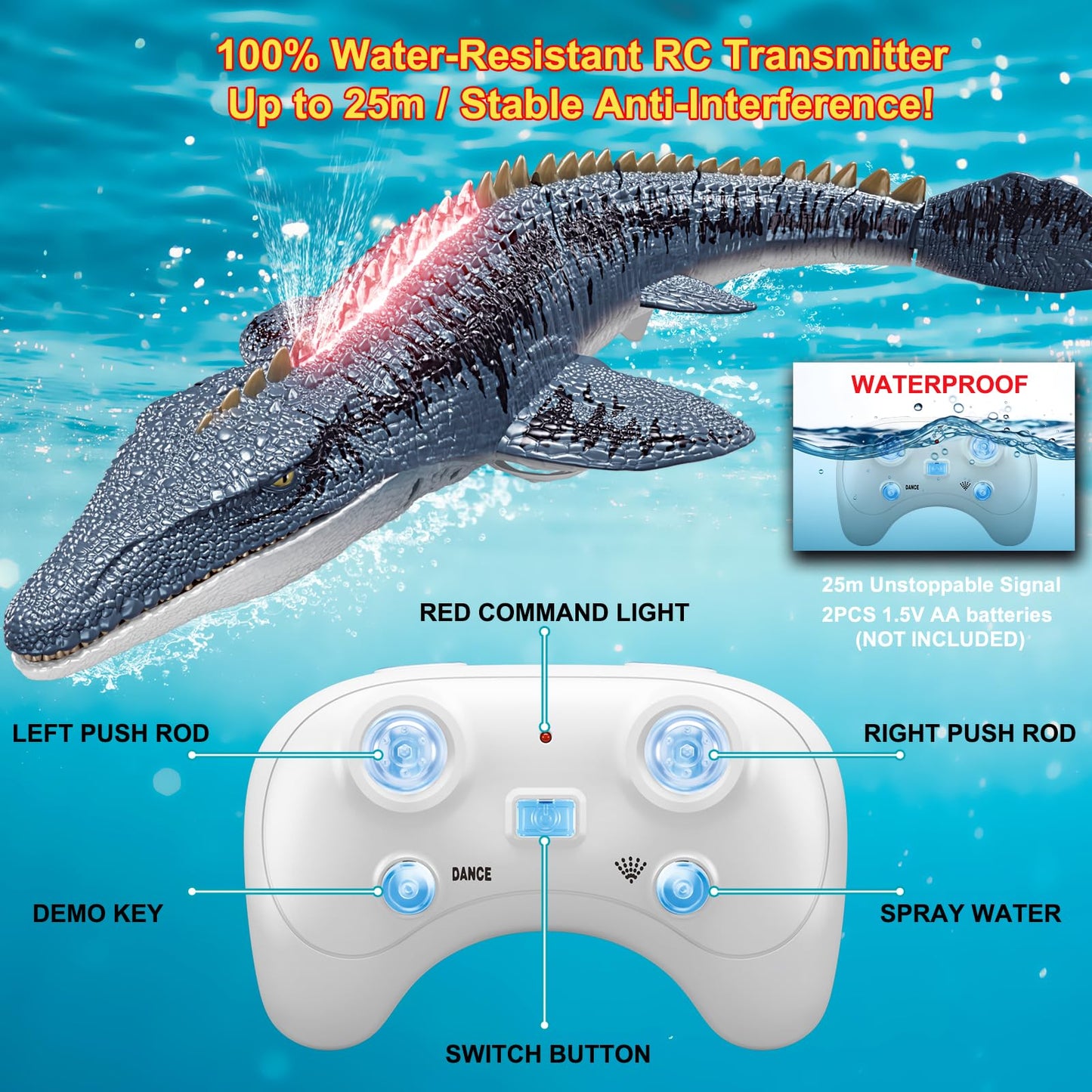 MAMABOO Remote Control Mosasaurus Dinosaur Toys for Boys Kids Swimming Pool High Simulation Toys, Electric RC Sea Monster with Light & Spray Water