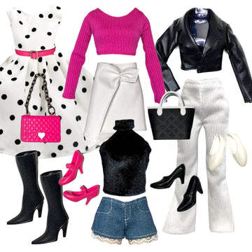 Eledoll Clothes Fashion Pack for 12 inch Fashion Doll Polka Pretty White Pink Black Set
