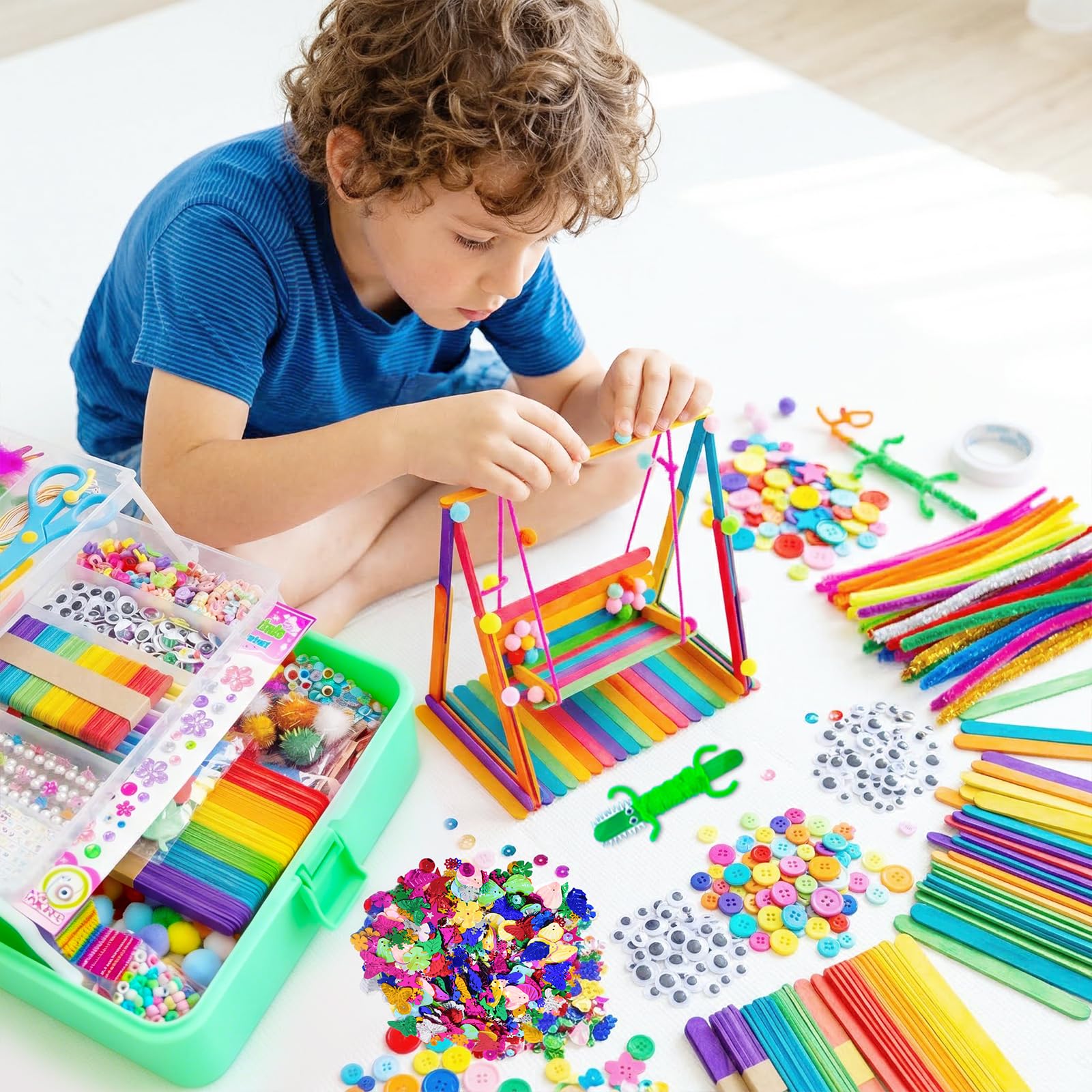 Bobbie Art Arts & Crafts Box - 3000+ pcs Deluxe Craft Supplies Box Green - Art Crafting Kit Birthday Gifts for Kids, School Supply for Ages 4-12