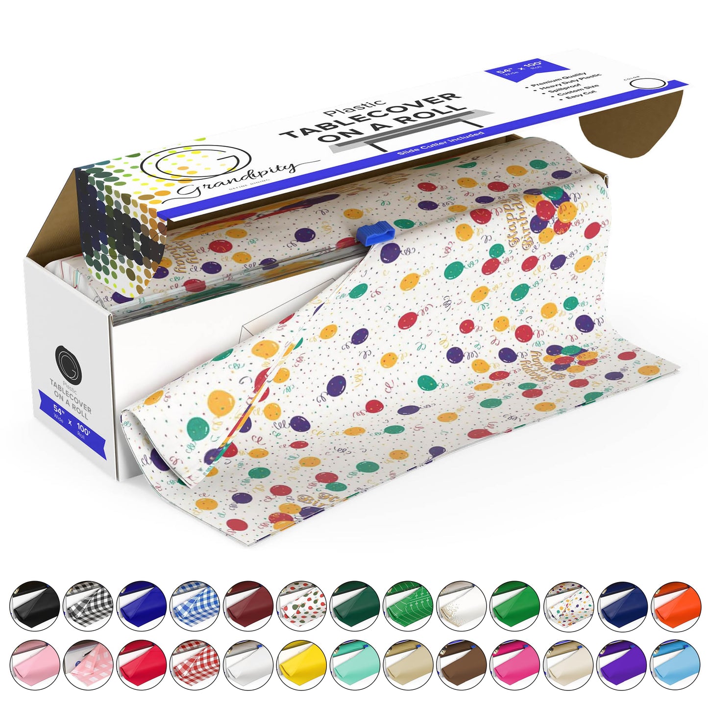 Grandipity Plastic Tablecloth Roll - 54in x 100 Ft. Happy Birthday Plastic Table Cloths Disposable with Cutter Box - Cut to Size Disposable Tablecloth
