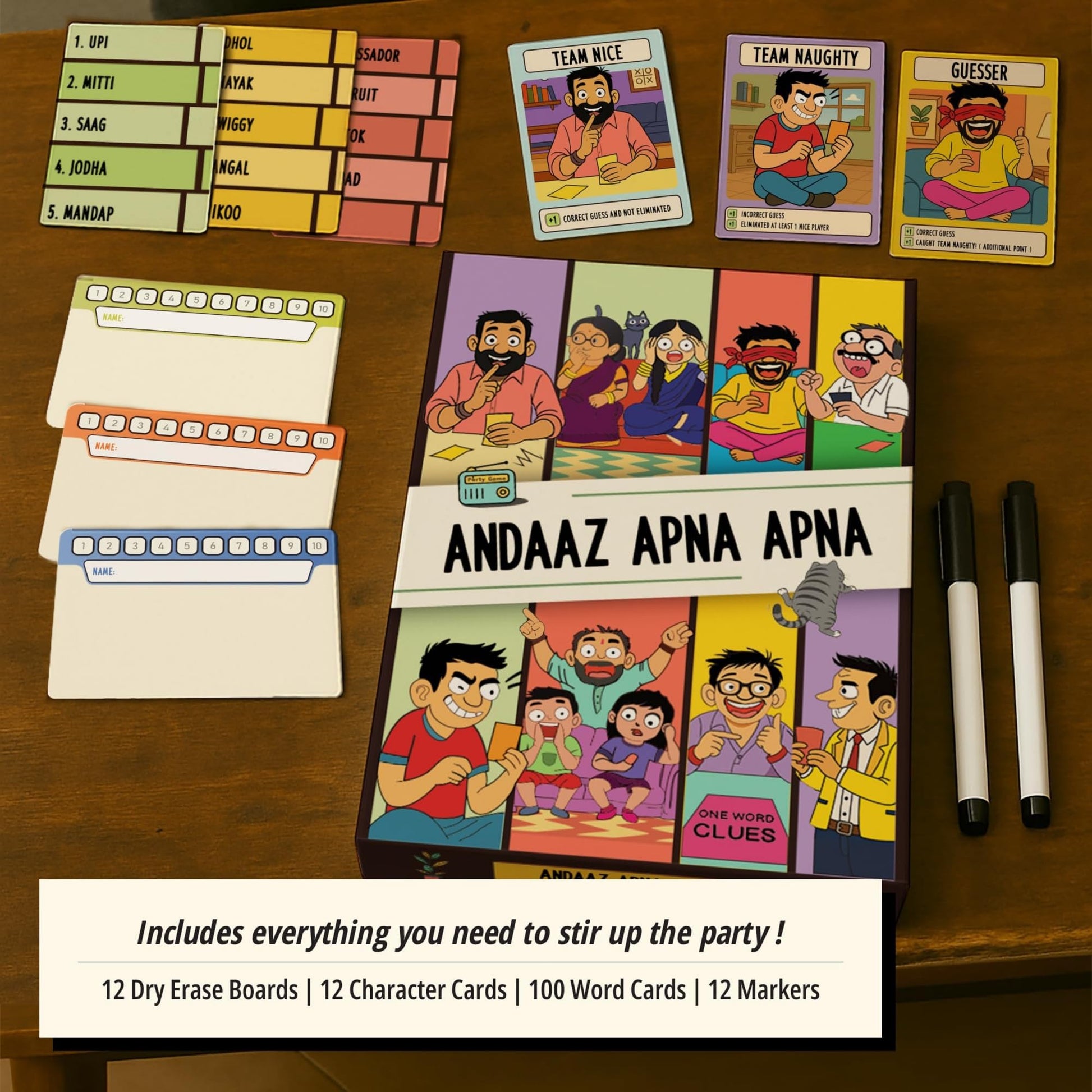 DESI BOARD GAMES Andaaz Apna Apna | Word Guessing Game with Secret Roles for Adults & Family | Like Charades or Taboo, But Smarter | 4-12 Players