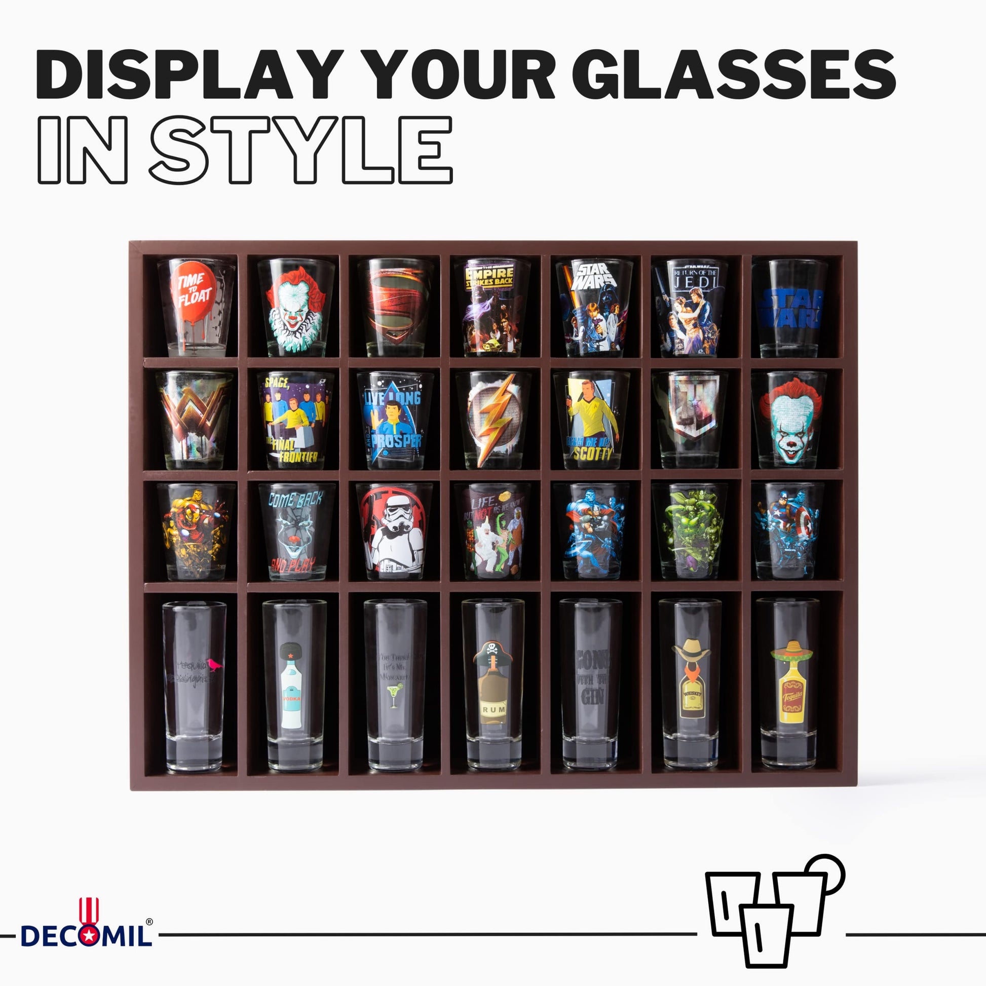 DECOMIL Shot Glass Display Case for Wall & Free Standing with Holder for 28 Tall Shot Glasses, Solid Wood Rack Without Door