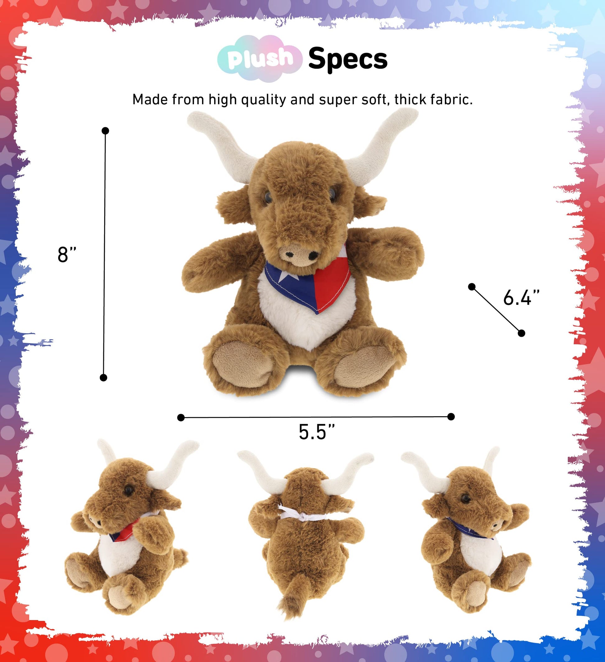DolliBu Texas Longhorn Stuffed Animal - Cute Playtime Farm Animal Plush Toy with Texas Flag Bandana, Soft and Huggable Texas Longhorn Cowboy Toy