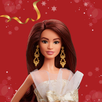 Barbie Signature 2025 Holiday Fashion Doll with Dark Brown Hair Wearing Silver & Gold Gown, Seasonal Collectible Includes Displayable Packaging & Doll
