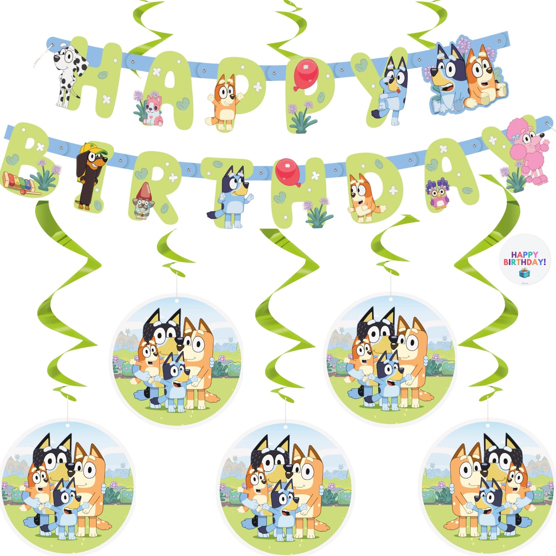 Bluey Birthday Banner and 6 Hanging Swirls | Bluey Birthday Decorations | Party Supplies | Officially Licensed