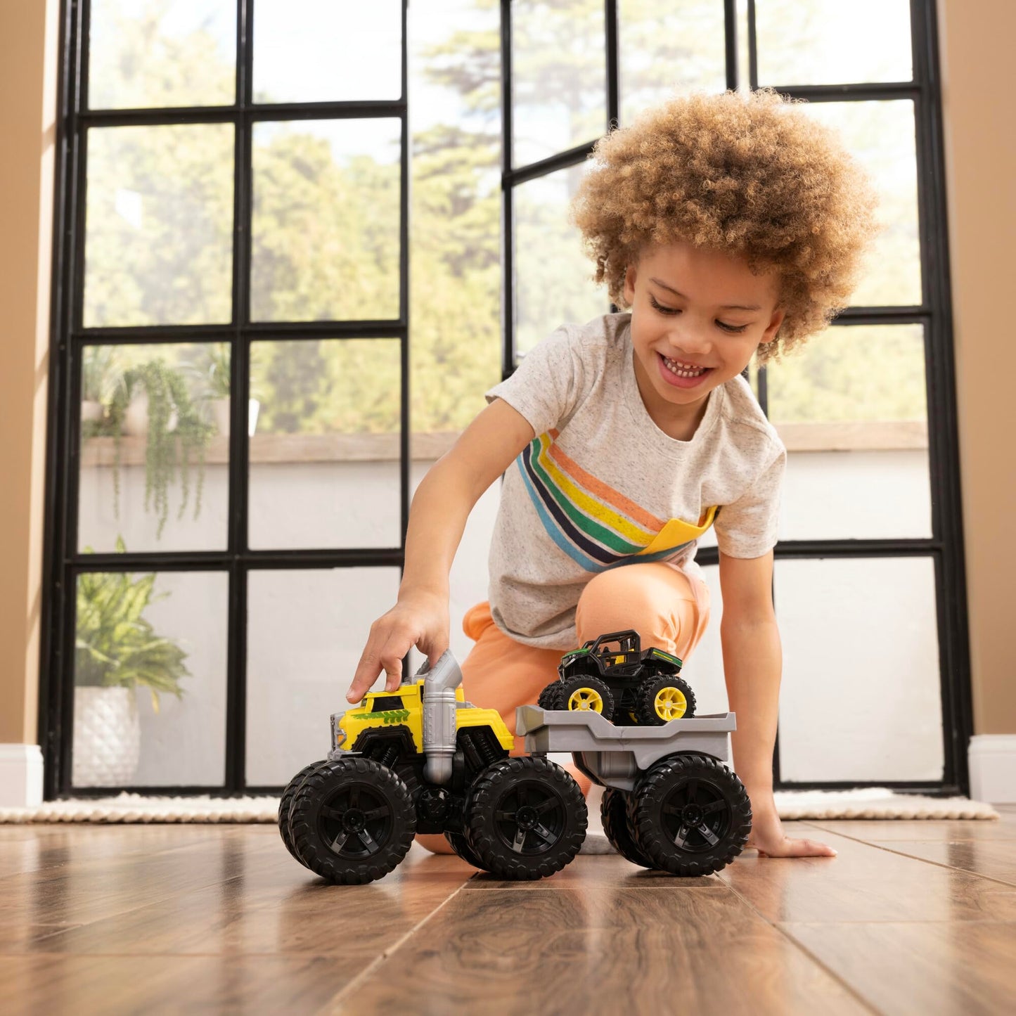 TOMY Monster Treads John Deere Roaring Rev Up Hauler Monster Truck Toy Set - Includes Monster Truck, Trailer, and John Deere Gator - Construction Toys