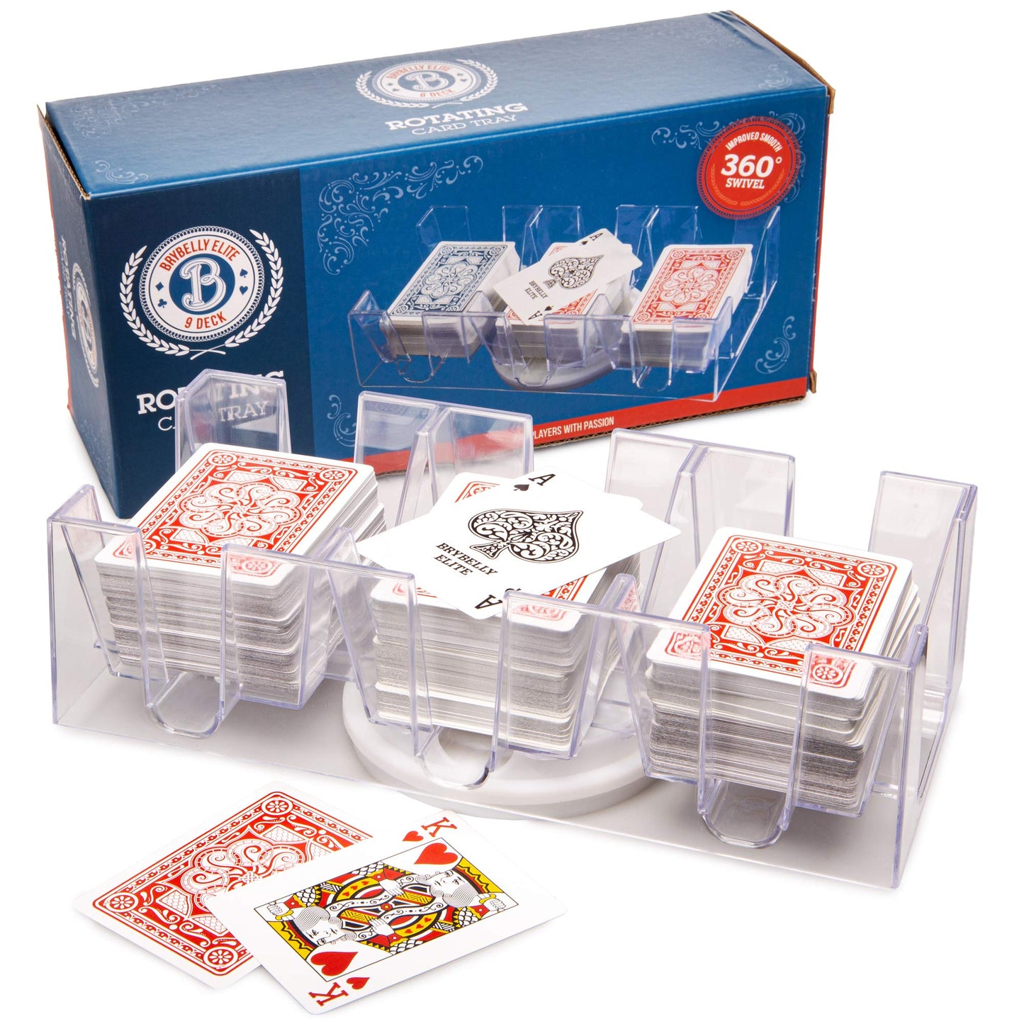 Brybelly Elite Rotating Card Deck Tray | Standard Sized Playing Cards | Rotates in Any Direction | Clear | 9 Deck Tray