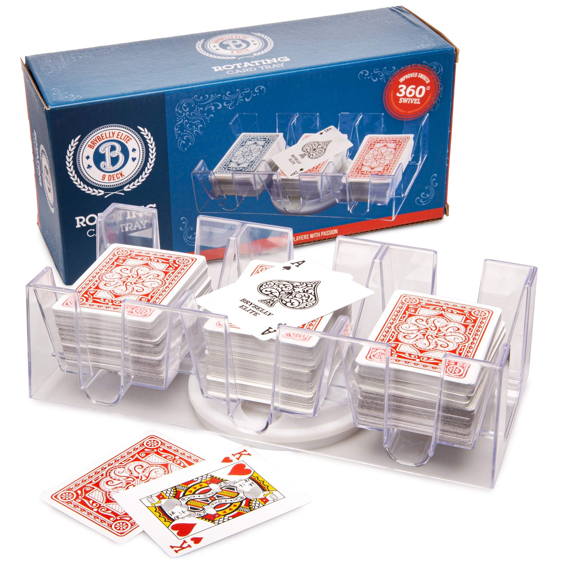 Brybelly Elite Rotating Card Deck Tray | Standard Sized Playing Cards | Rotates in Any Direction | Clear | 9 Deck Tray