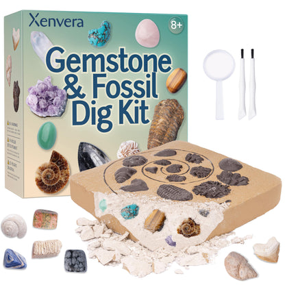 Xenvera Gemstone and Fossil Dig Kit - Excavate 10 Gems and 10 Fossils, STEM Geology Set, Educational Toy, Science Kit for Kids Ages 8+
