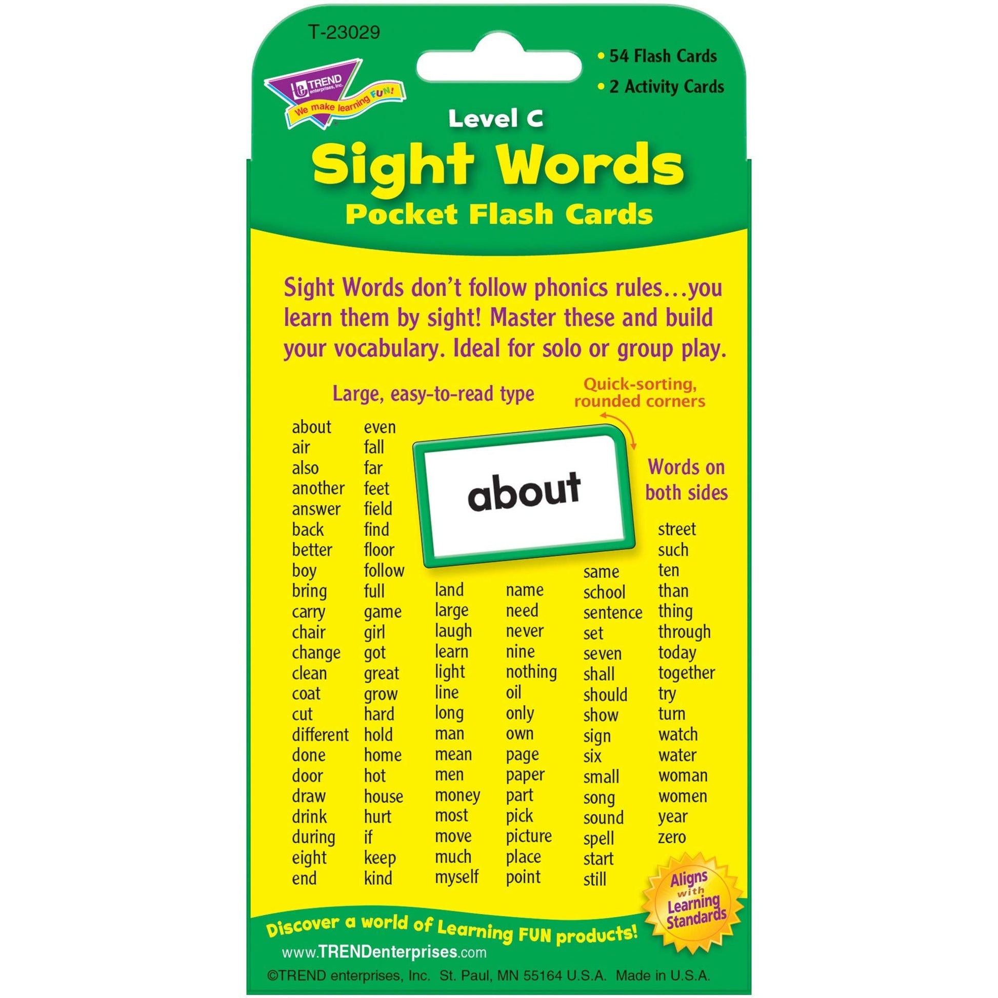 Trend Enterprises: Sight Words Level C Pocket Flash Cards, Great for Skill Building and Test Prep, 56 Two-Sided Cards Included, 108 Commonly-Used