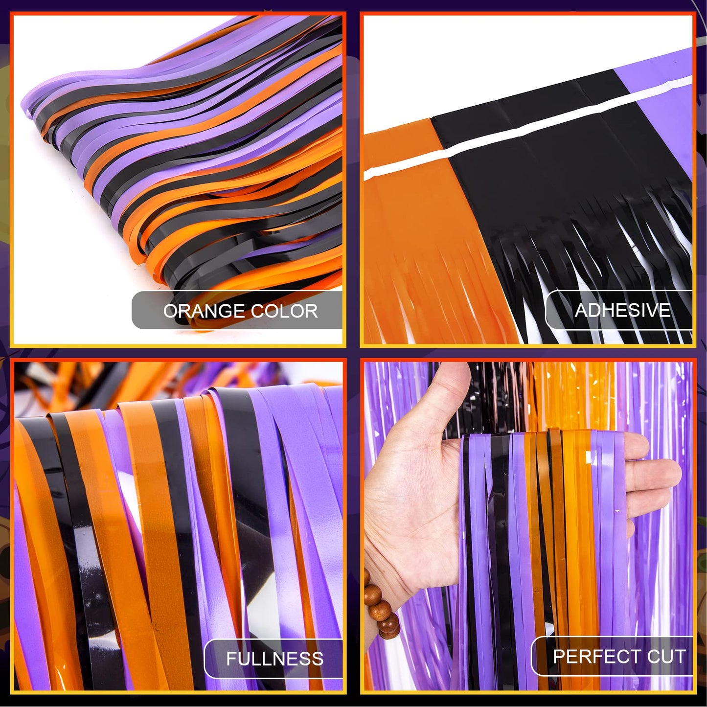 LOLStar Halloween Orange Purple Black Foil Fringe Curtains 3 Pack