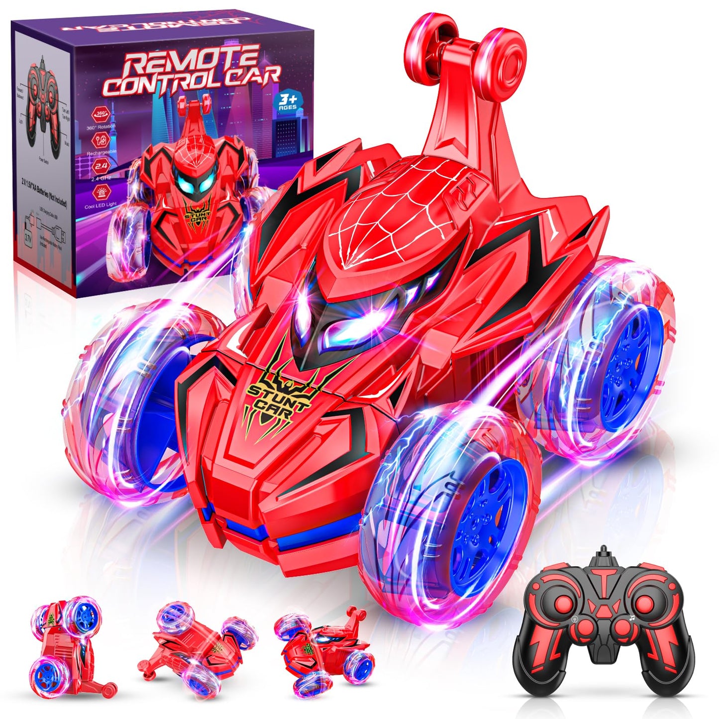 Quapify Remote Control Car, Boys Toys Age 4-6 6-8 8-12 360° Rotating 2.4GHz Fast Stunt RC Cars with Cool Lights Music 4WD Off Road RC Crawlers