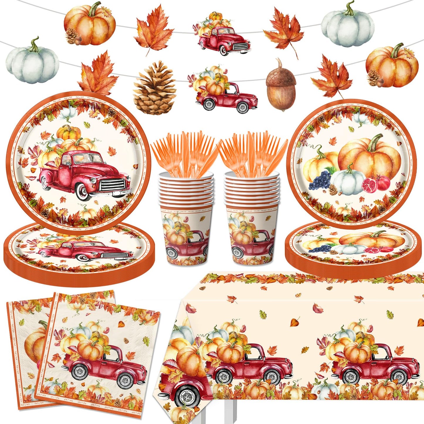 142Pcs Fall Party Plates and Napkins Party Supplies, Autumn Pumpkin Leaves Tableware Set with Cups,Banner,Pumpkin Tablecloth for Fall Harvest Party