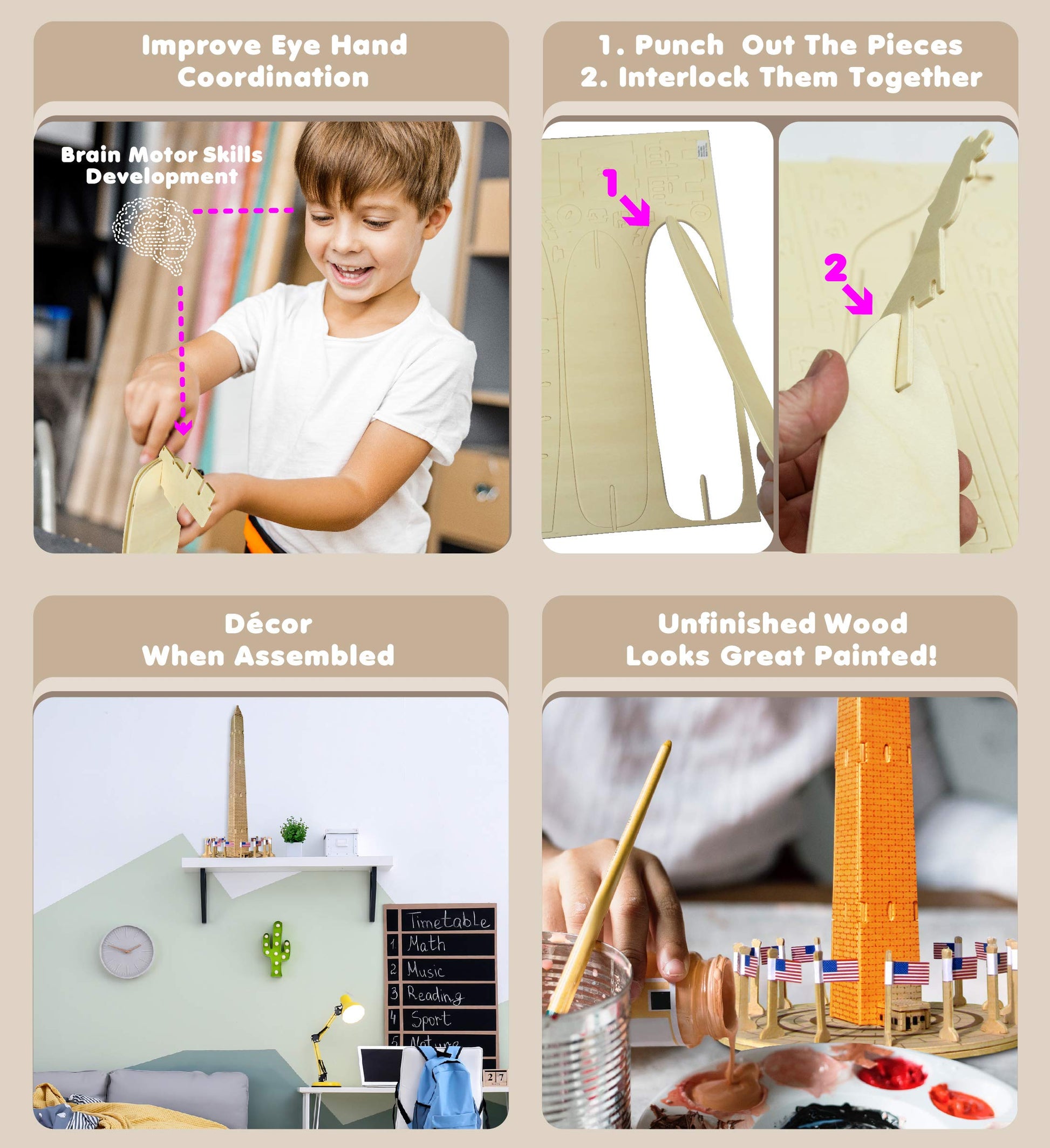 Puzzled 3D Puzzle Washington Monument Wood Craft Construction Model Kit, Educational DIY Wooden Toy Assemble Model Unfinished Crafting Hobby Puzzle