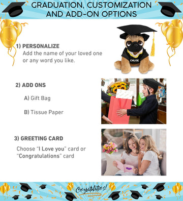 DolliBu Pug Dog Graduation Plush Toy - Super Soft Graduation Stuffed Animal Dress Up with Gown and Cap with Tassel Outfit - Gift with Personalization