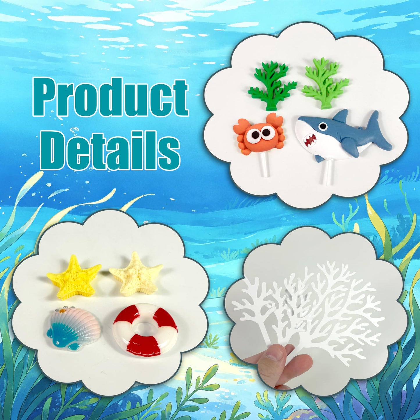 Under the Sea Cake Decorations Shark Cake Topper with Shark Figurines Crab Balls Starfish and Shells for Ocean Theme Birthday Party