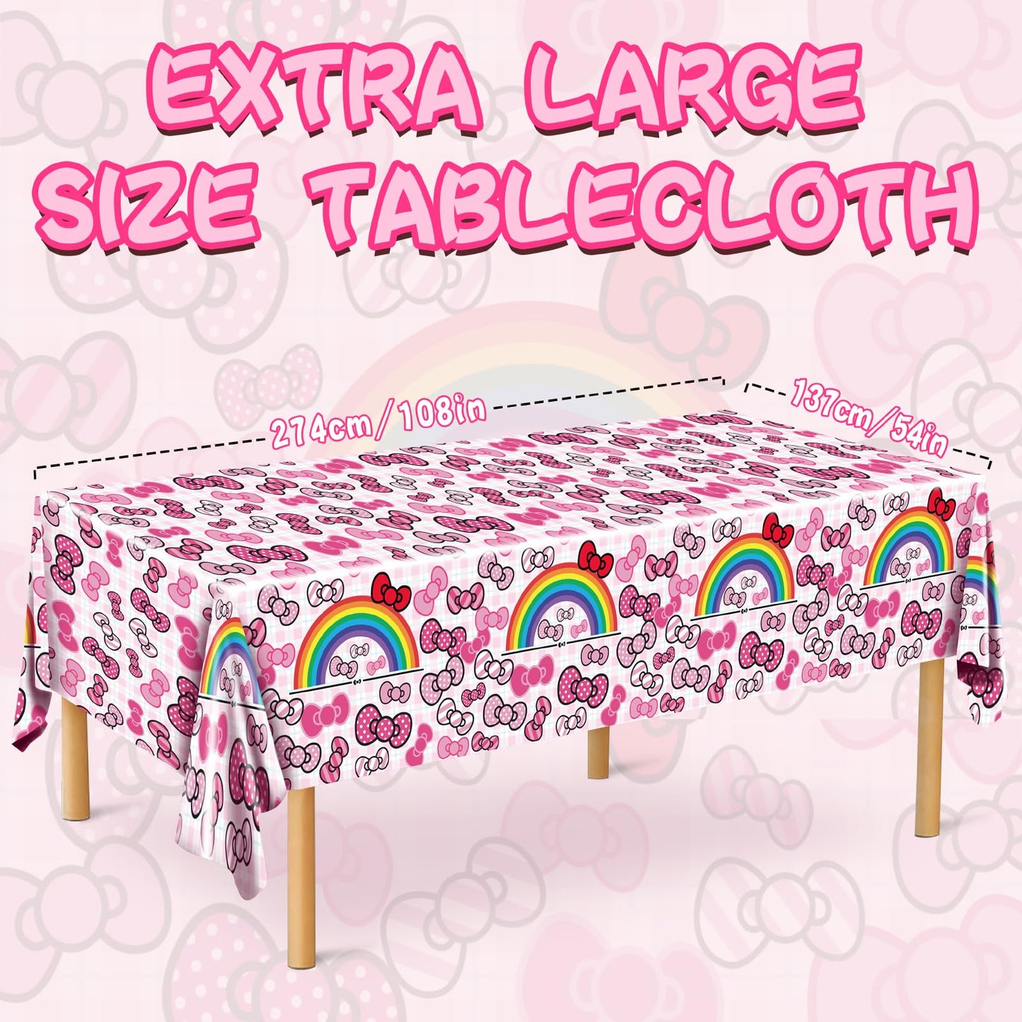 3Pcs Pink Bow tie Happy Birthday Decorations, Cartoon Cat Birthday Party Tablecloth, Disposable Rectangle Table Cover for Girls Party Theme