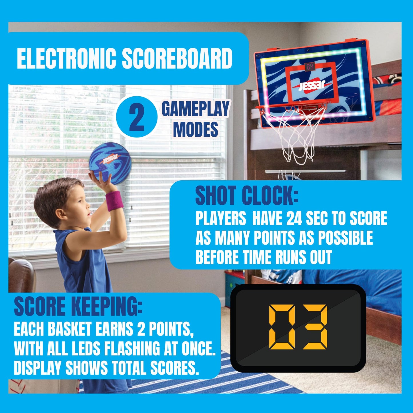 Jesser Hoop Over The Door Mini Basketball Hoop - 2 Gameplay Modes: Shot Clock or Score Keeping, 5" Exclusive Ball, Electric LED Scoring, Net, Air Pump