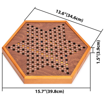 Yellow Mountain Imports Wooden Chinese Checkers Halma Board Game Set - 15.7 x 13.6 Inches - with Drawers and Glass Marbles