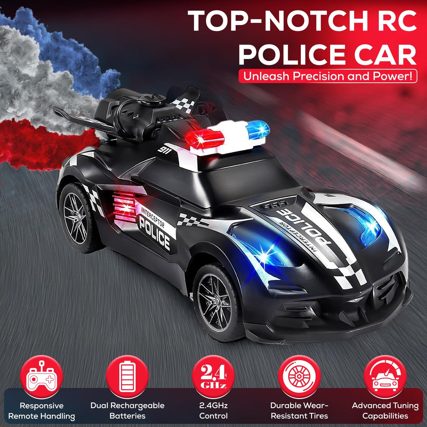TOOTY TOY Remote Control Police Car Toy with Smoke Effect & LED Lights, Fast Rechargeable RC Car for Kids, Anti-Slip Rubber Tires, Cool Police Toys