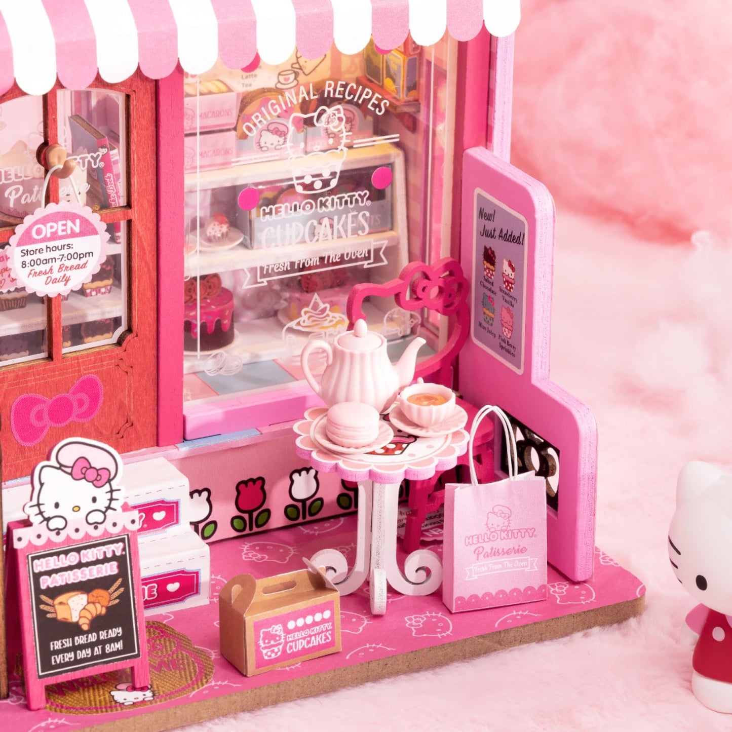 Hands Craft Hello Kitty Patisserie Miniature House Kit with Hello Kitty Figurine - Kawaii 3D Puzzle with Switch Activated LED Lights - DIY Wooden