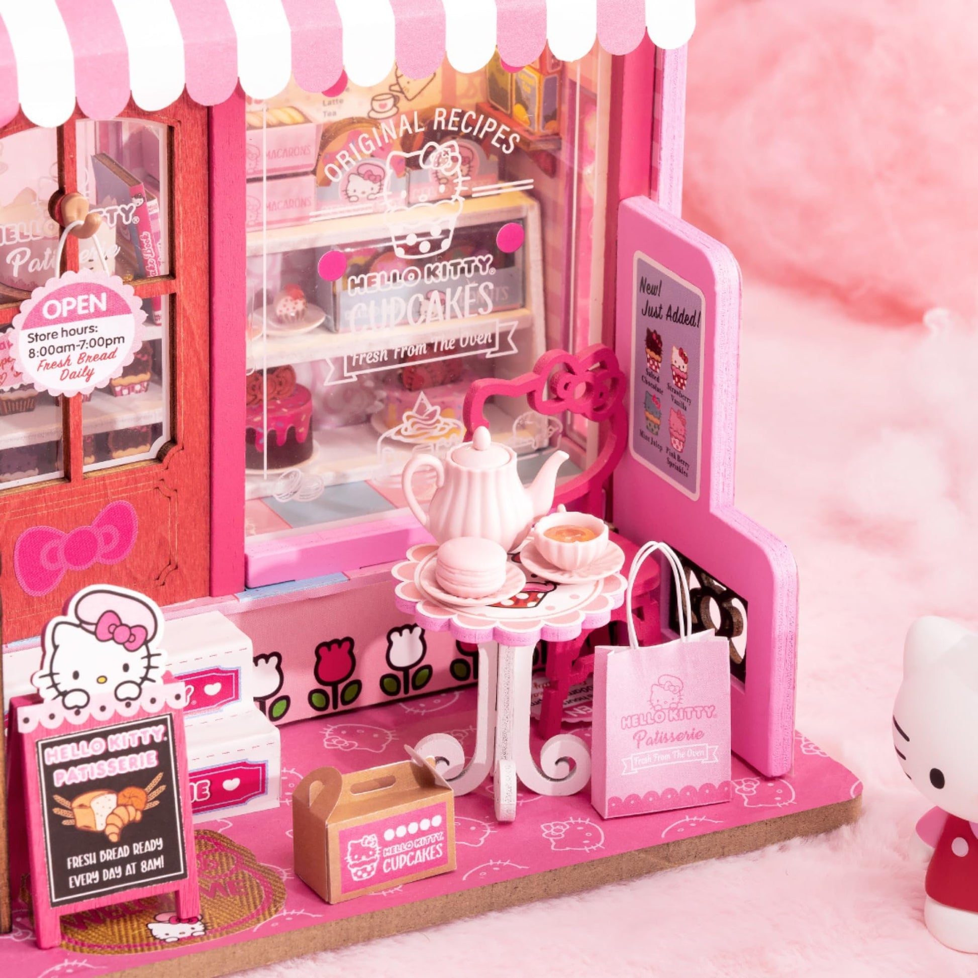 Hands Craft Hello Kitty Patisserie Miniature House Kit with Hello Kitty Figurine - Kawaii 3D Puzzle with Switch Activated LED Lights - DIY Wooden