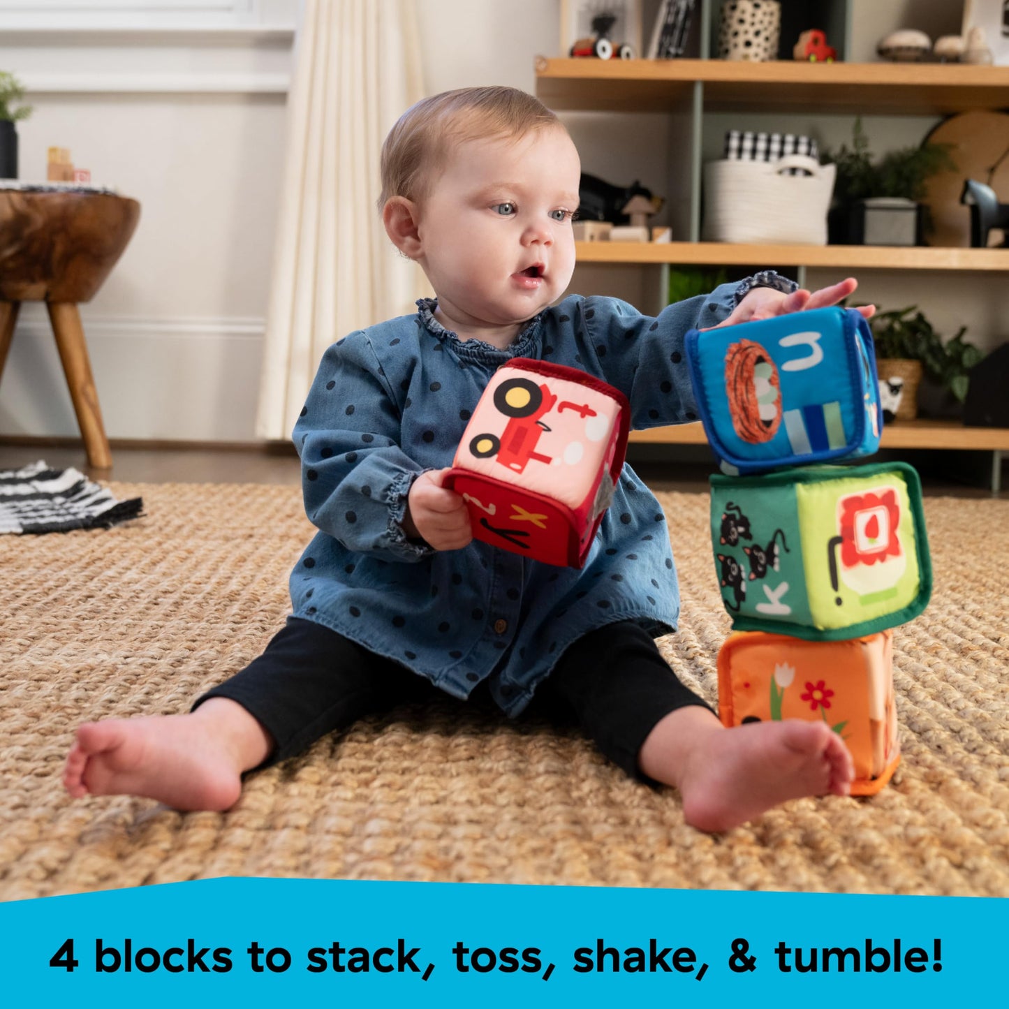 Baby Einstein Alpha Stacks Baby Learning Blocks, Soft, Multisensory Stacking Toys with Letters A-Z, Animals, Colors & Textures, Set of 4, Ages 3