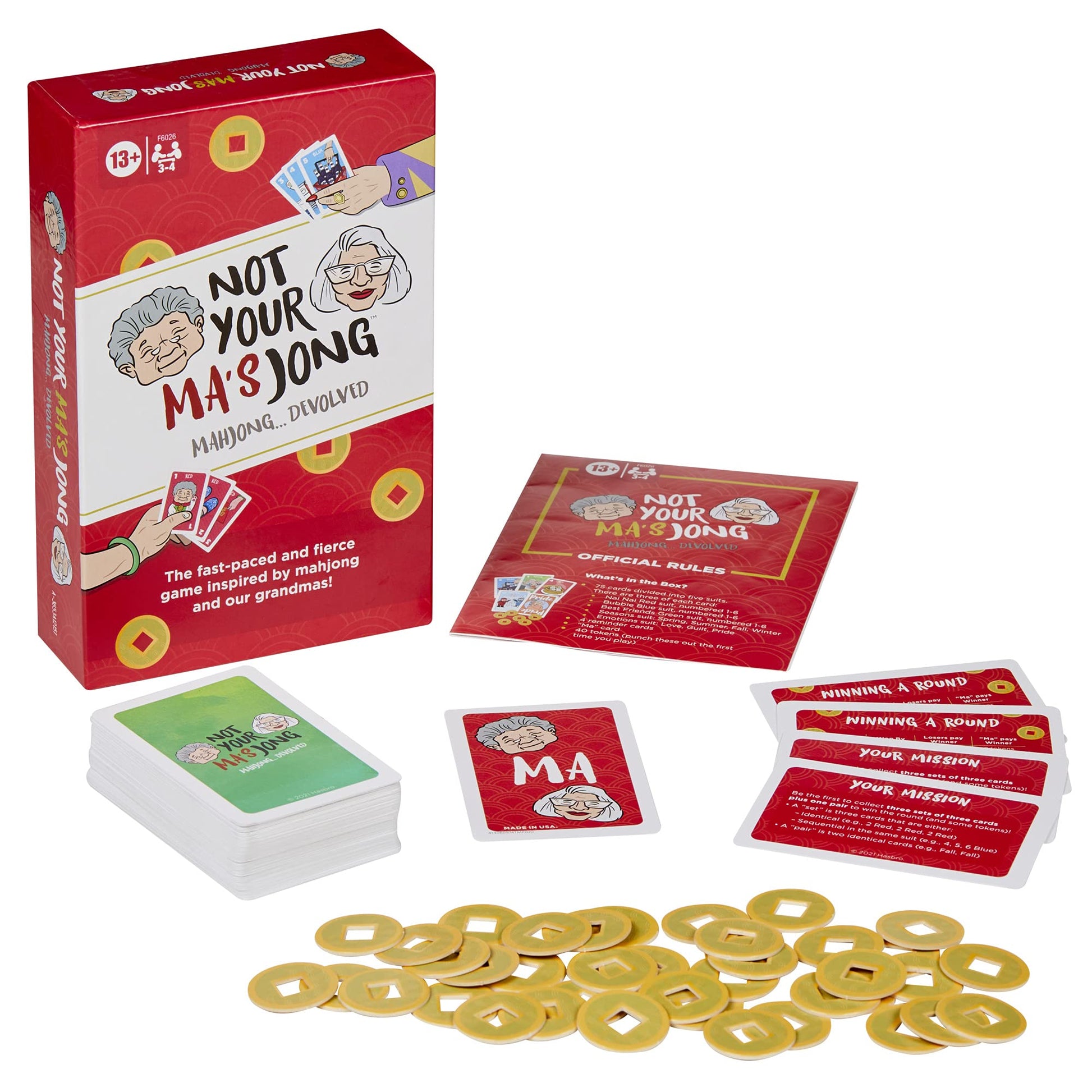 Hasbro Gaming Not Your Ma's Jong, A Fast-Paced Card Game for 3-4 Players Inspired by Mahjong and 2 Grandmas, Fun Family Party Game, Ages 13+