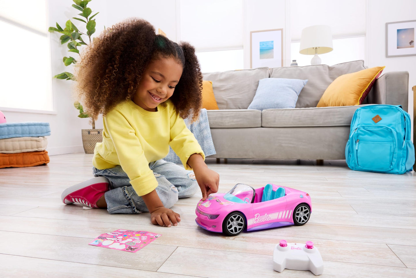 Hot Wheels Barbie RC Toy Car, Remote-Control Pink Convertible, Can Hold 2 Barbie Fashion Dolls & Trunk Opens for Storage, Sticker Sheet