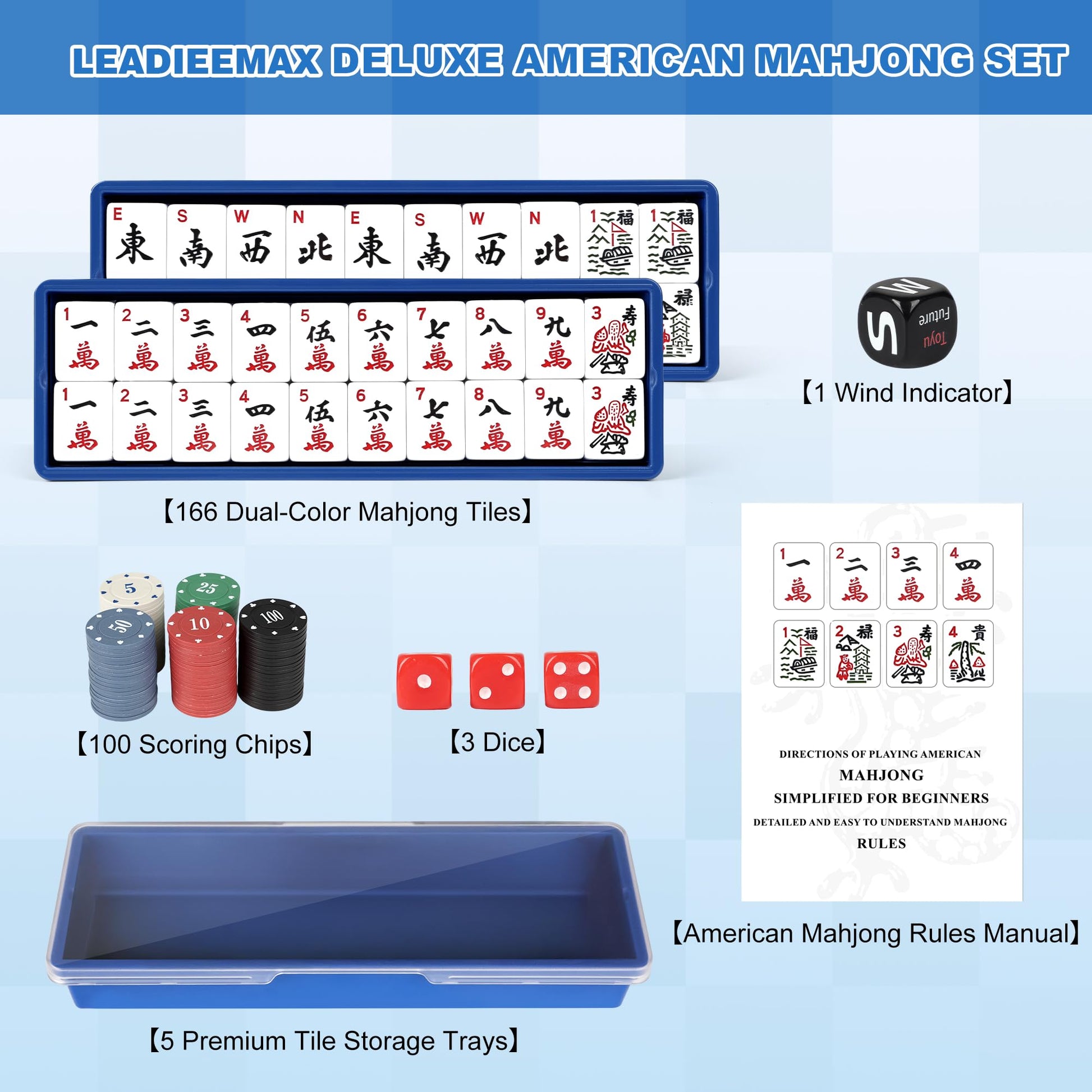 LeadieeMax Upgraded American Mahjong Tile Set, 166 Large 1.5" Deluxe Mahjong Tiles, Mahjong Game Set with Full Accessories, Travel Ready Carrying Bag