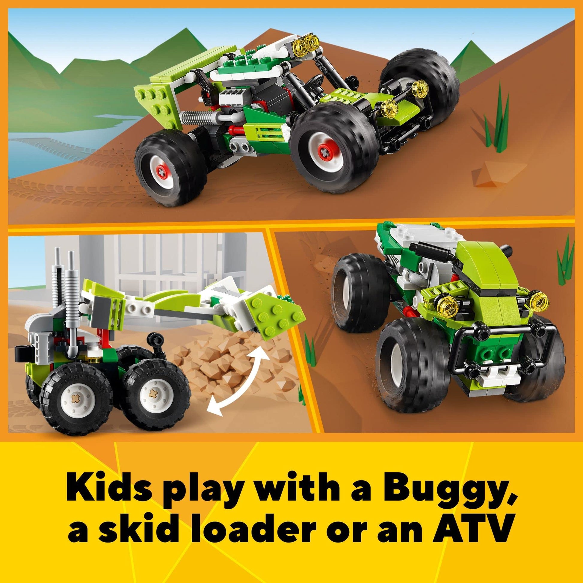LEGO Creator 3 in 1 Off-Road Buggy, Transforms to 3 Different Construction Vehicles from Skid Loader Digger to ATV Car Toy to Off-Roader, Construction