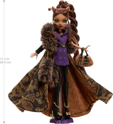Monster High Doll, Clawdeen Wolf House of Wolf Collectible with Faux Fur Jacquard Coat, Purple Blazer Dress, Pantaboots and Golden Accessories