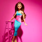 Barbie Looks Fashion Doll with Brown Hair Wearing One-Shoulder Pink & Blue Midi Dress, Collectible with Posable Made to Move Body