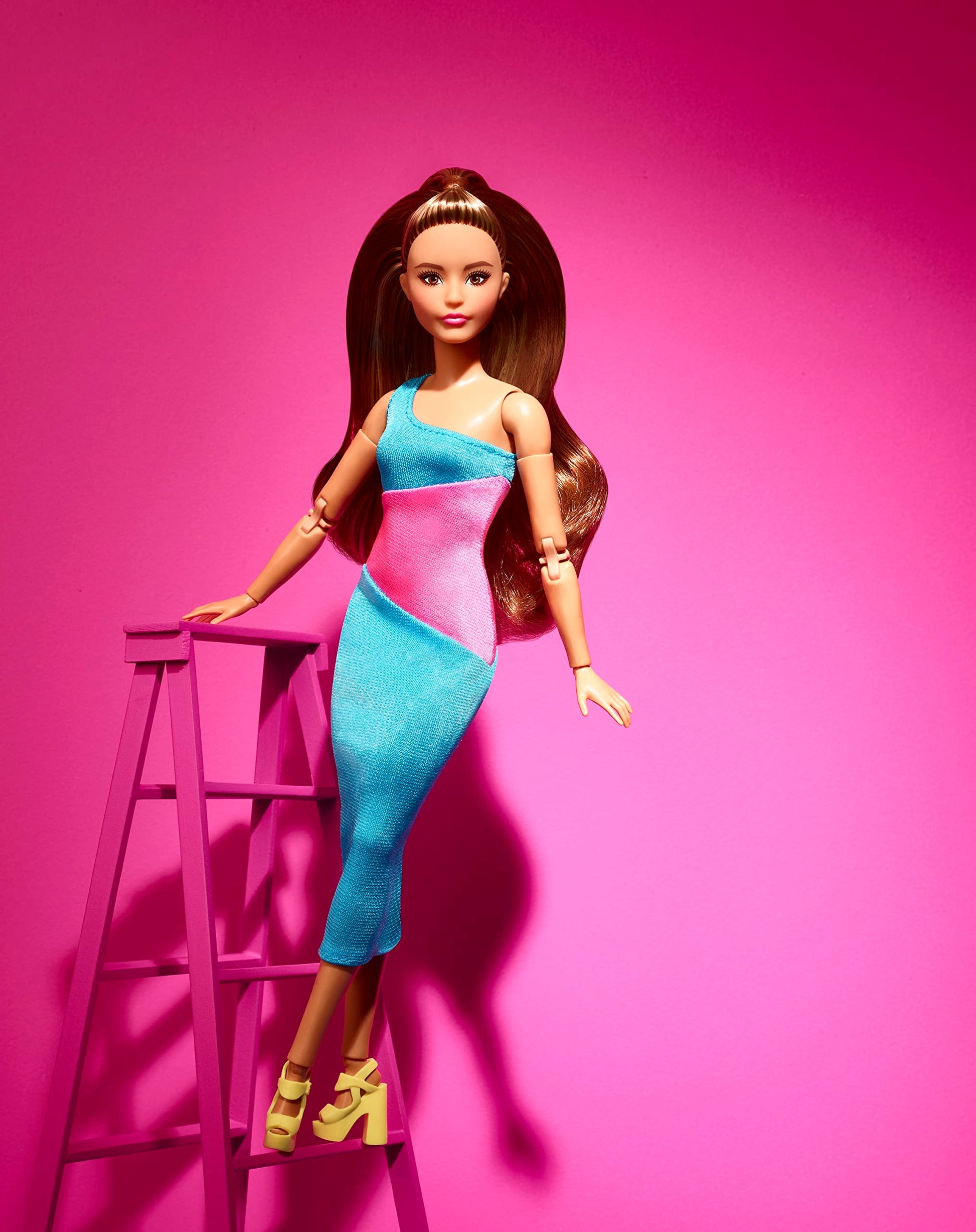 Barbie Looks Fashion Doll with Brown Hair Wearing One-Shoulder Pink & Blue Midi Dress, Collectible with Posable Made to Move Body
