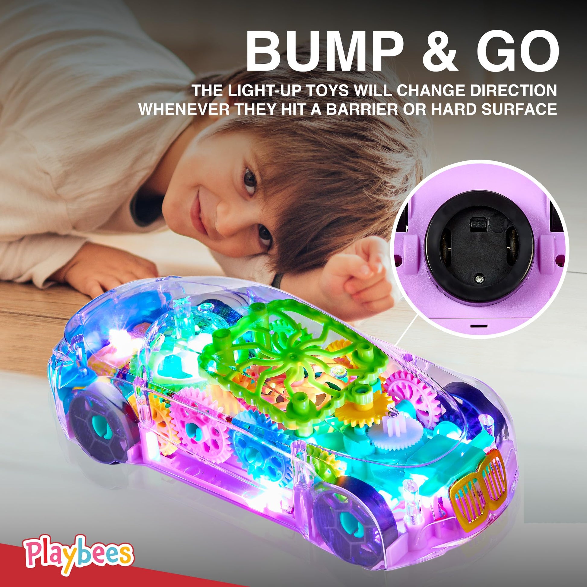 Playbees Light-Up Transparent Car Toy, Toys for Autistic Kids Ages 3-5 Sensory Toy for Kids with Autism Special Needs Toys, Bump and Go Toys