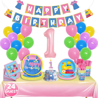 English Teacher Party Supplies, Fufuddz Rainbow Birthday Decorations Cartoon Teacher Party Plates and Napkins for Girls Boys 1st Birthday Banner