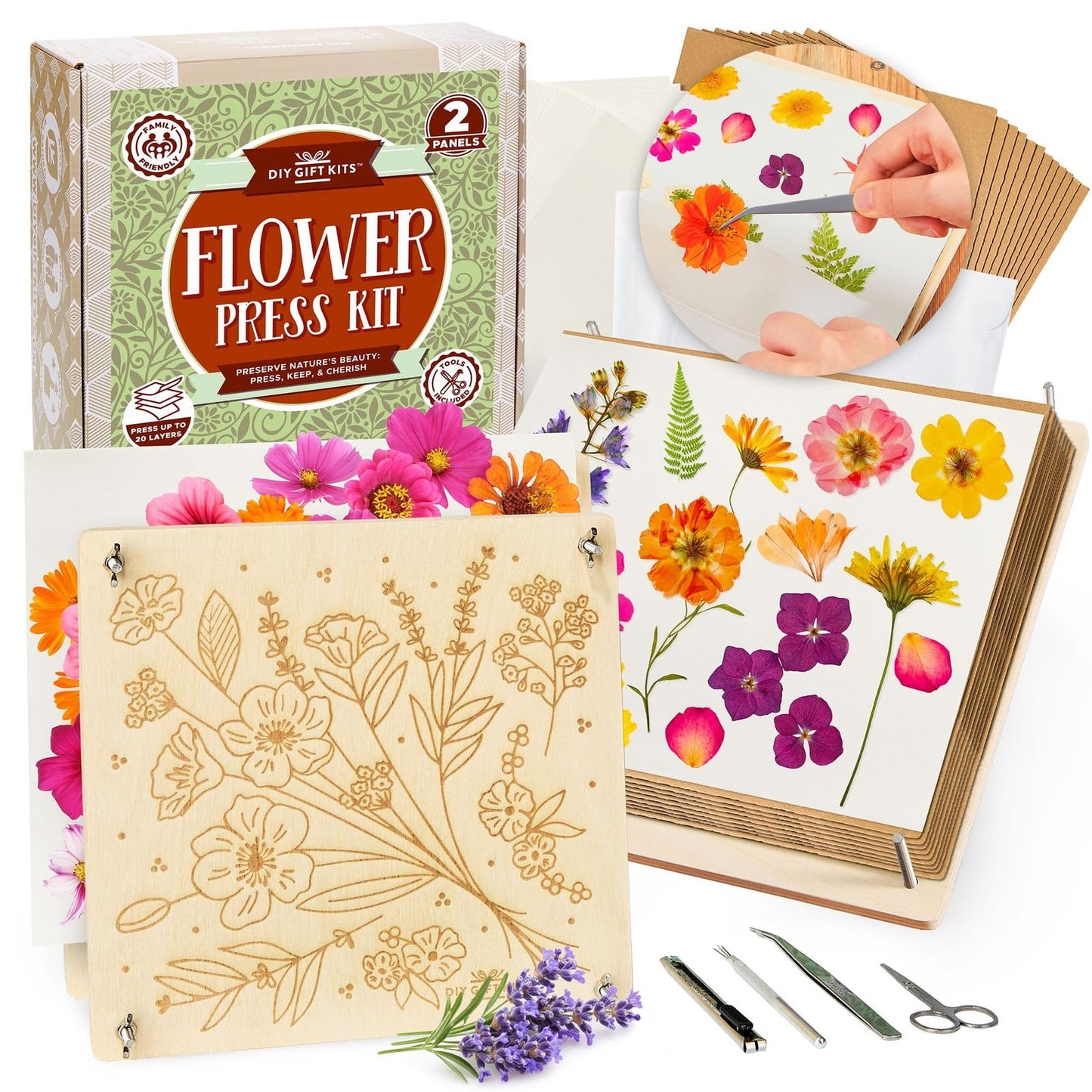 DIY Gift Kits Flower Press Kit - 20 Layers - 2 Sets of 10x10 Inch Wooden Panels - Easy Dried Flower Crafting and Preservation - Adult Beginner Gift