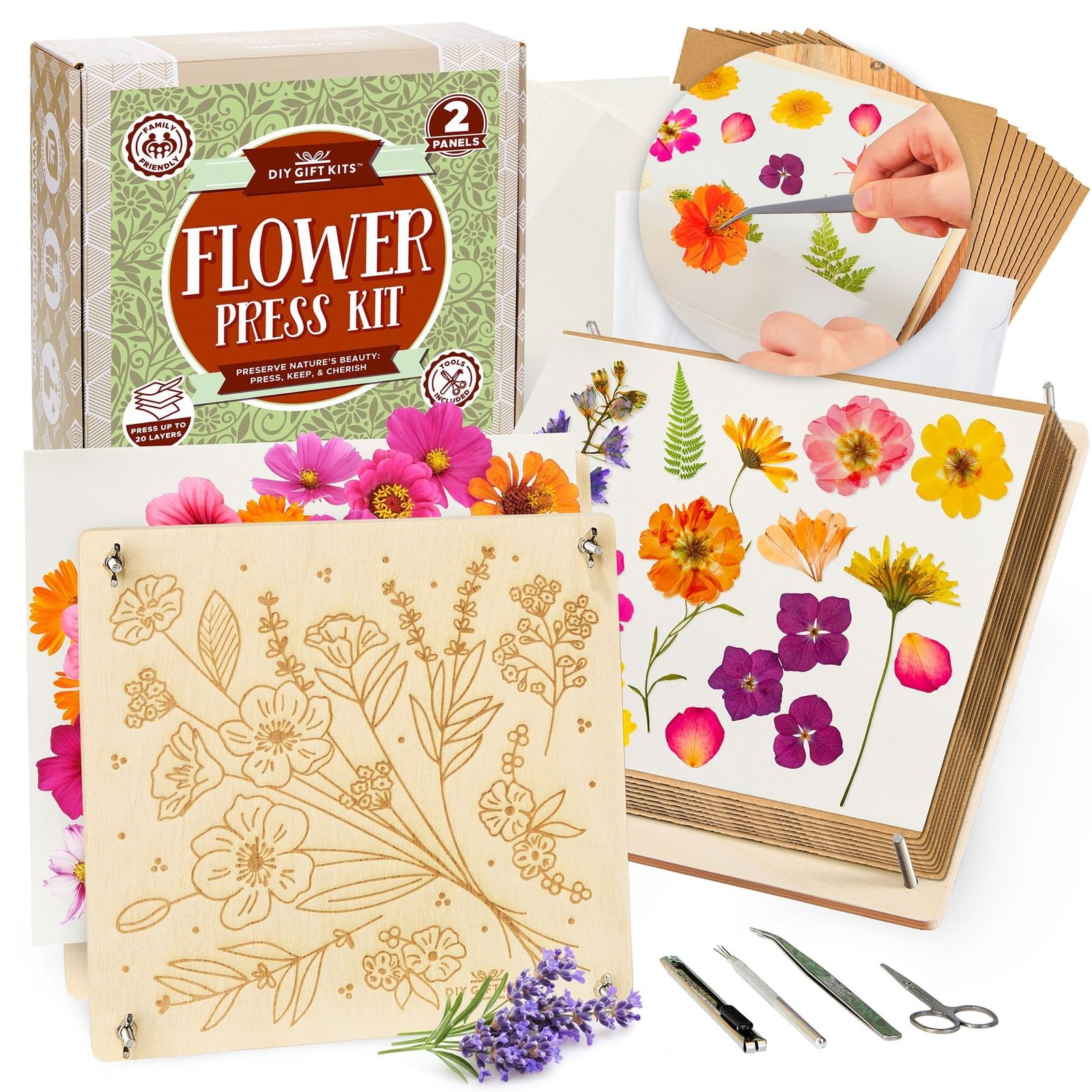 DIY Gift Kits Flower Press Kit - 20 Layers - 2 Sets of 10x10 Inch Wooden Panels - Easy Dried Flower Crafting and Preservation - Adult Beginner Gift