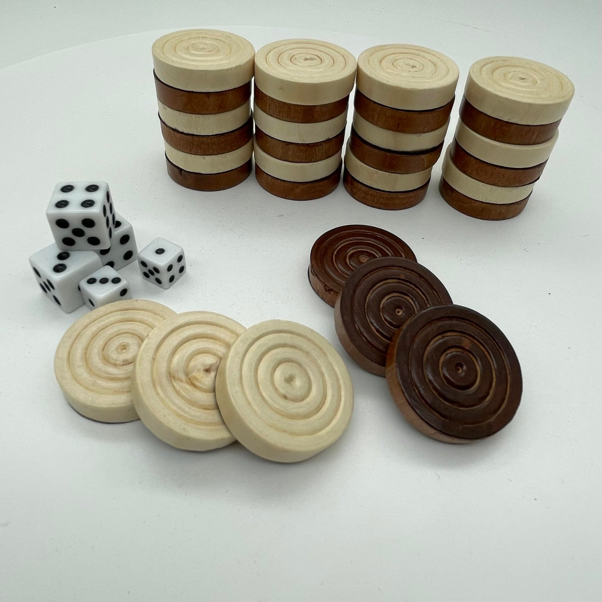 30 Pieces Wooden Backgammon Checkers Replacement set Checker Board Games Playing Game Chips with 5 Dice , High quality come with Drawstring Storage