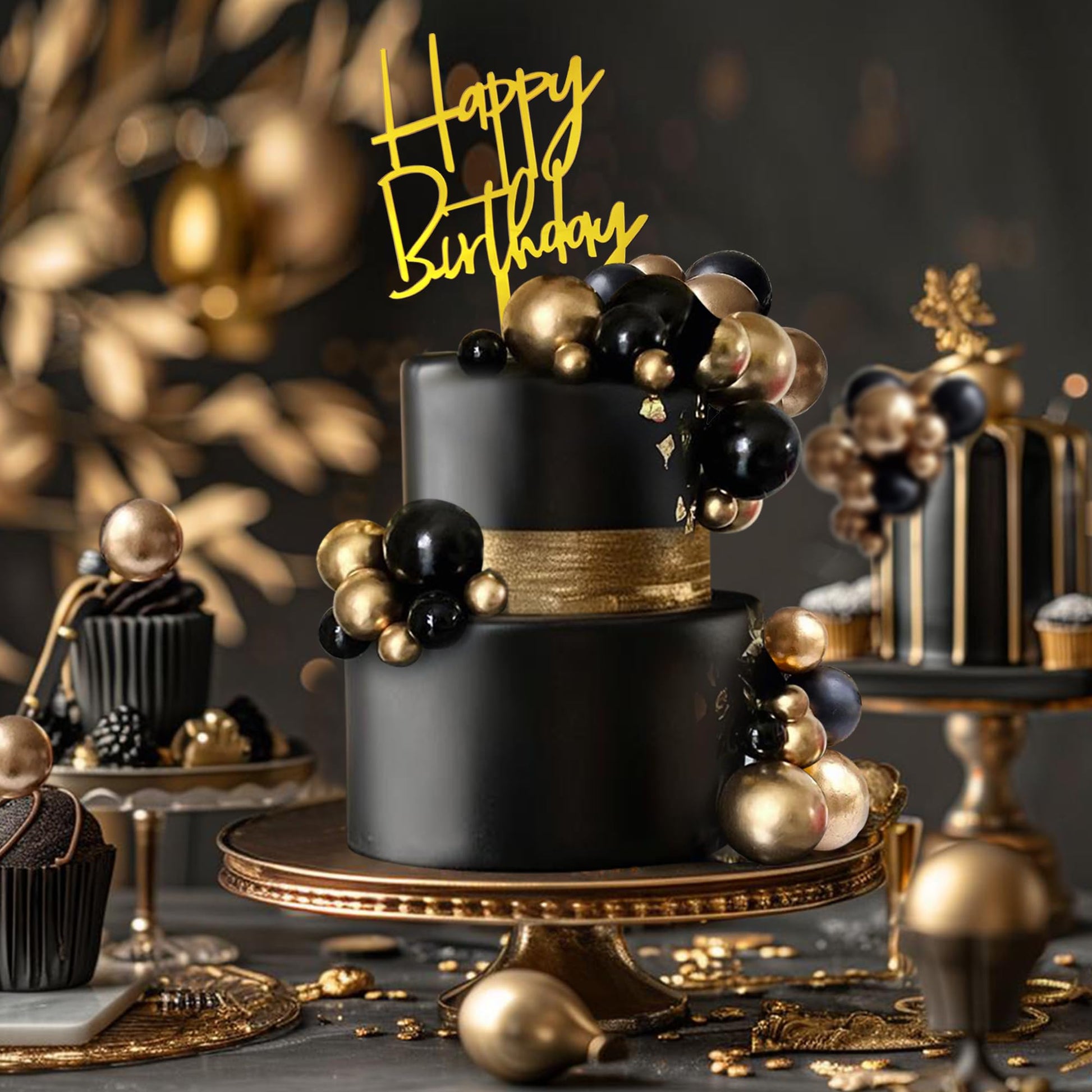 75 PCS Black and Gold Balls Cake Toppers Happy Birthday Insert Card
