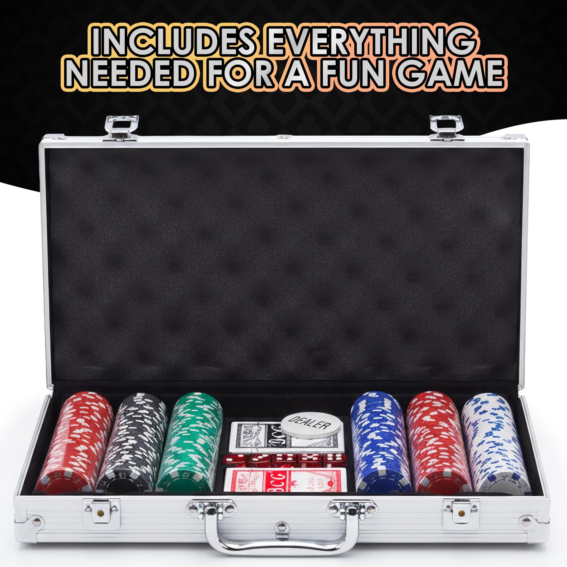 Gamie Poker Set in Aluminum Case, Casino Poker chip Kit with 300 Chips, 2 Decks of Playing Cards, 5 Dice, and 1 Deluxe Case, Fun Game Night Supplies