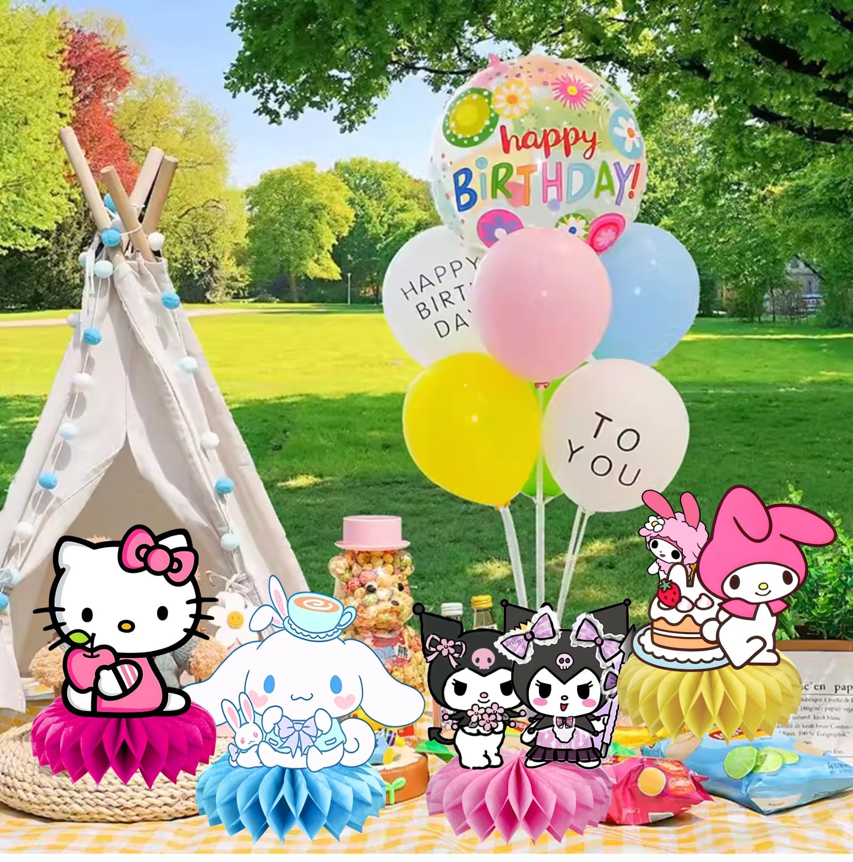 8Pcs Kawaii and Friends Honeycomb Table Centerpiece,Cats and Friends Birthday Party Supplies Table Decorations for Kids Party Decorations