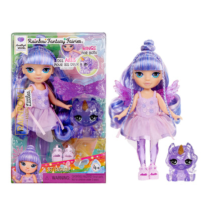 Rainbow High Littles Rainbow Fantasy Fairies + Pet - Amethyst, Purple 5.5" Posable Small Doll & Fantasy Pegasus Unicorn Pet with Interchangeable Fairy