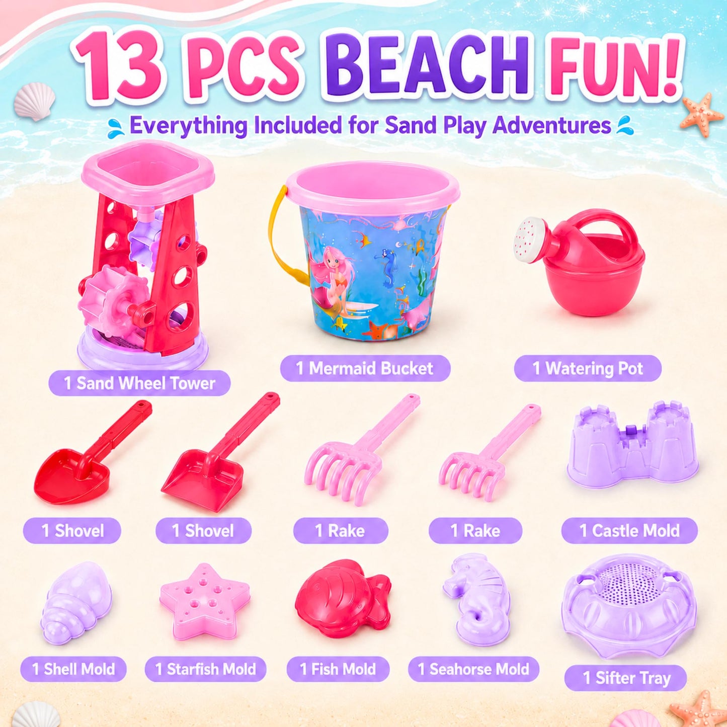 13-Piece Pink Princess Beach Sand Toy Set for Girls - Sand Playset with Sand Wheel, Mermaid Bucket, Water Pot, Shovels, Rakes, Molds & Zippered