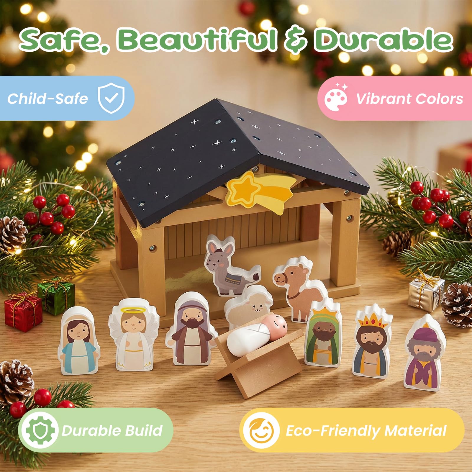 WOODENFUN Toy Nativity Set for Kids?Wooden Christmas Nativity Scene Miniature Holy Family Figurines Gifts for Children Boys Girls 3+ Years Old