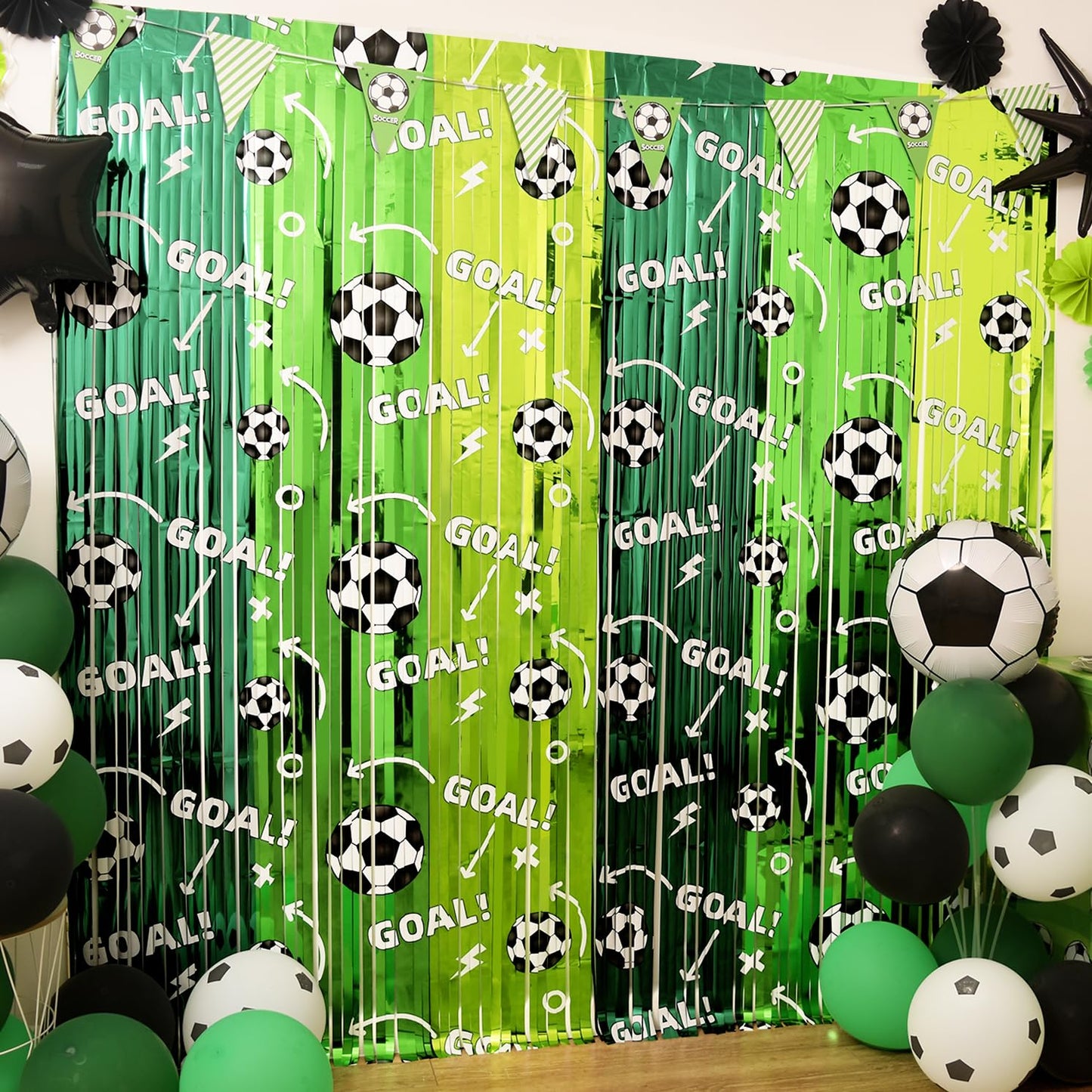 Soccer Party Decorations, 2 Pack Soccer Birthday Party Photo Booth Prop, Green Fringe Curtains Photo Streamers Backdrop for Sport Themed Birthday