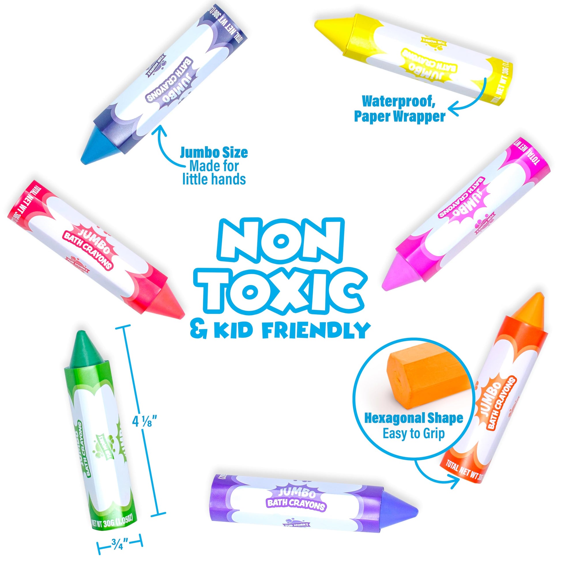 Tub Works® Smooth™ Jumbo Bath Crayons Bath Toy | Nontoxic, Washable Bath Crayons for Toddlers & Kids | Unique Formula Draws Smoothly & Vividly on Wet