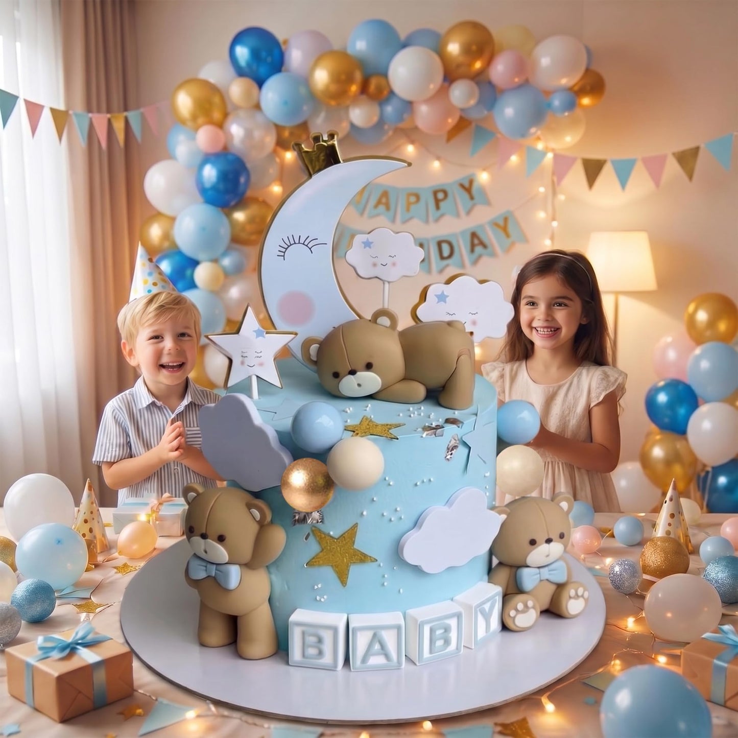 Bear Baby Shower Cake Topper Set, We Can Bearly Wait Cake Decoration with Ball Cake Decorations for Baby Boy Gender Reveal Birthday Party Supplies